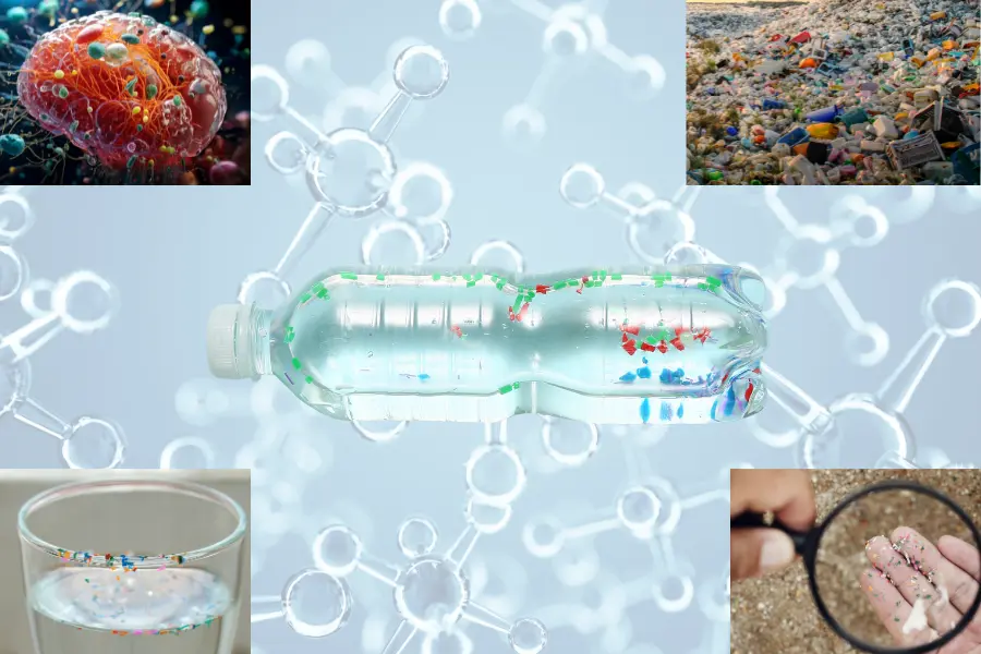 Illustration of plastic water bottle and microscopic plastic particles, with visuals of microplastics in oceans, water glasses, and marine life
